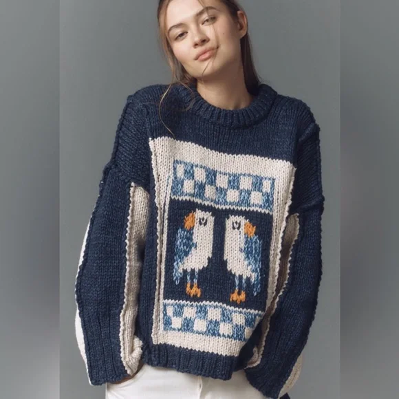 Pilcro Navy Blue Sweater with Parrot Design - Picture 1 of 4